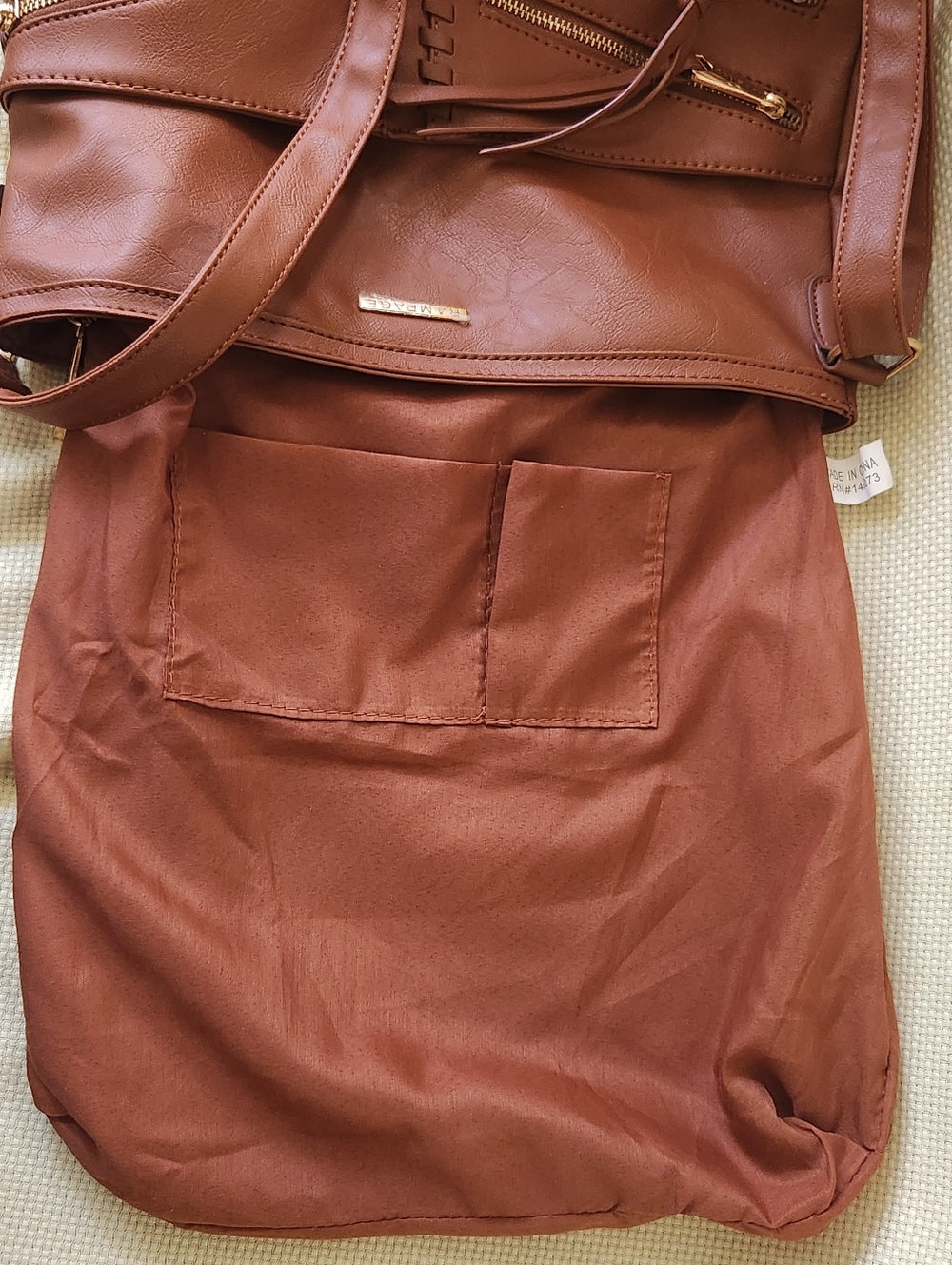 NWT Lrg Rampage Cognac Crossbody 14x14 Y2K Boho Multi Zip Whipstitch Snap Pocket - Picture 5 of 16